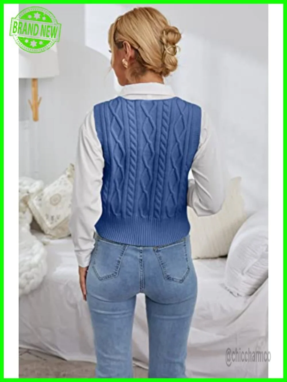 Women's V-Neck Cable Knit Vest Pullover Sleeveless Sweater Tank Top